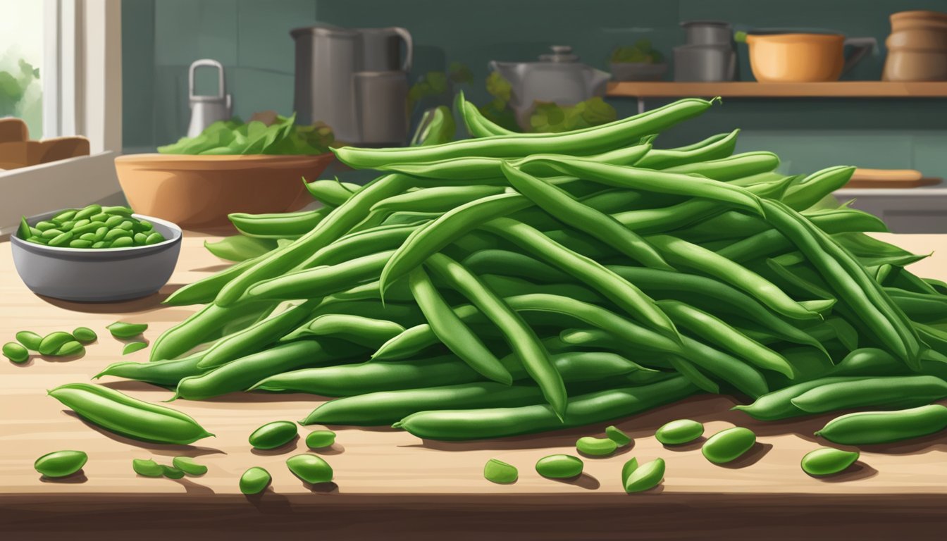 A pile of fresh green beans sits on a kitchen counter, some beginning to show signs of spoilage, while others are still crisp and vibrant