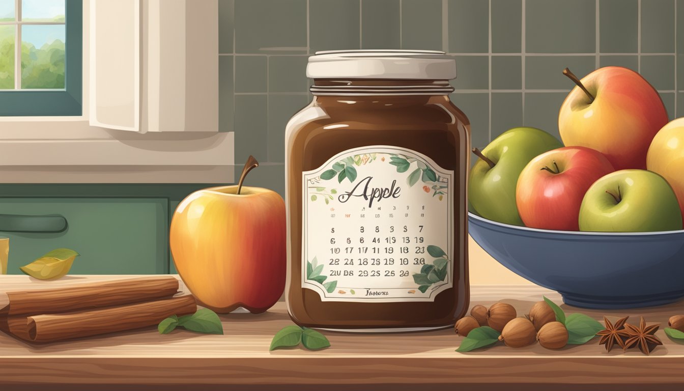 A jar of apple butter on a kitchen shelf, surrounded by various fruits and spices, with a calendar showing the current date