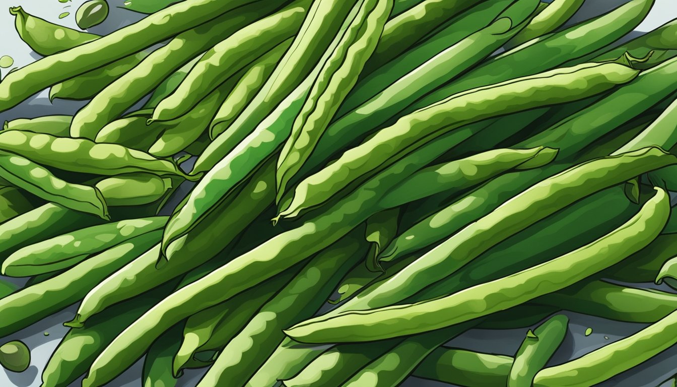 A pile of green beans with some starting to show signs of spoilage, while others appear fresh and vibrant