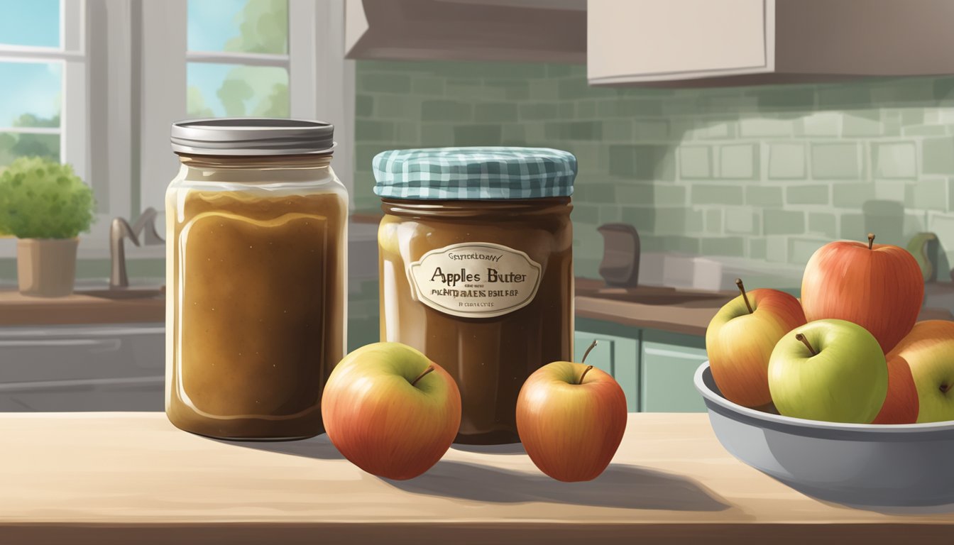 A jar of apple butter sits on a kitchen counter, its contents moldy and discolored. A foul smell emanates from the jar, indicating spoilage