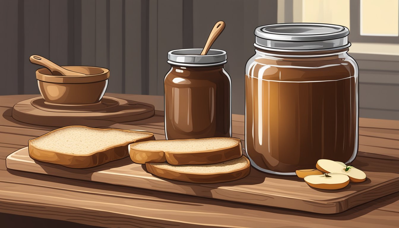 A jar of apple butter sits on a wooden table, surrounded by freshly baked bread and a spreader. The lid is slightly ajar, hinting at recent use