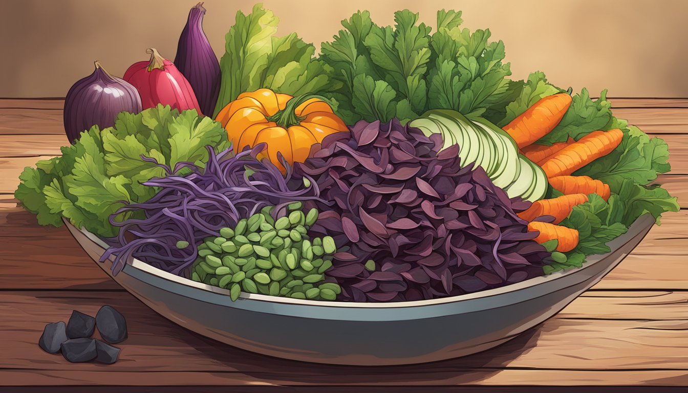 A bowl of fresh dulse sits on a rustic wooden table, surrounded by vibrant, colorful vegetables and fruits, creating a visually appealing and appetizing display