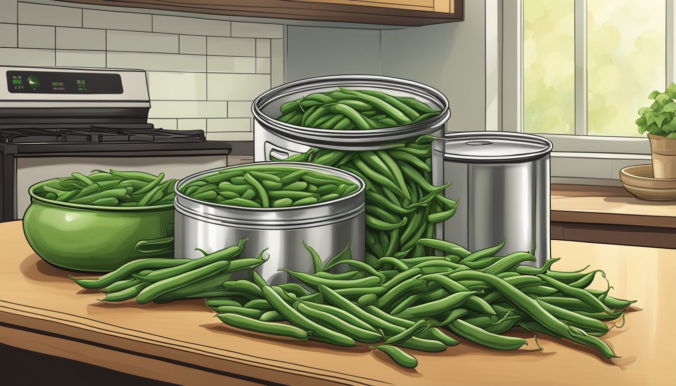 A can of green beans sits next to a pot of cooked green beans on a kitchen counter. The green beans are fresh and vibrant in color