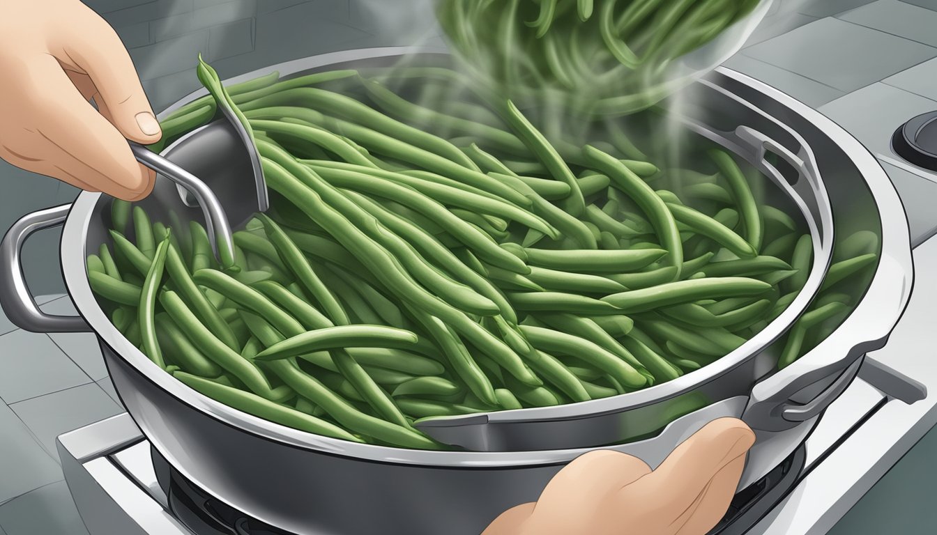 Green beans being washed, trimmed, and cooked in a pot of boiling water