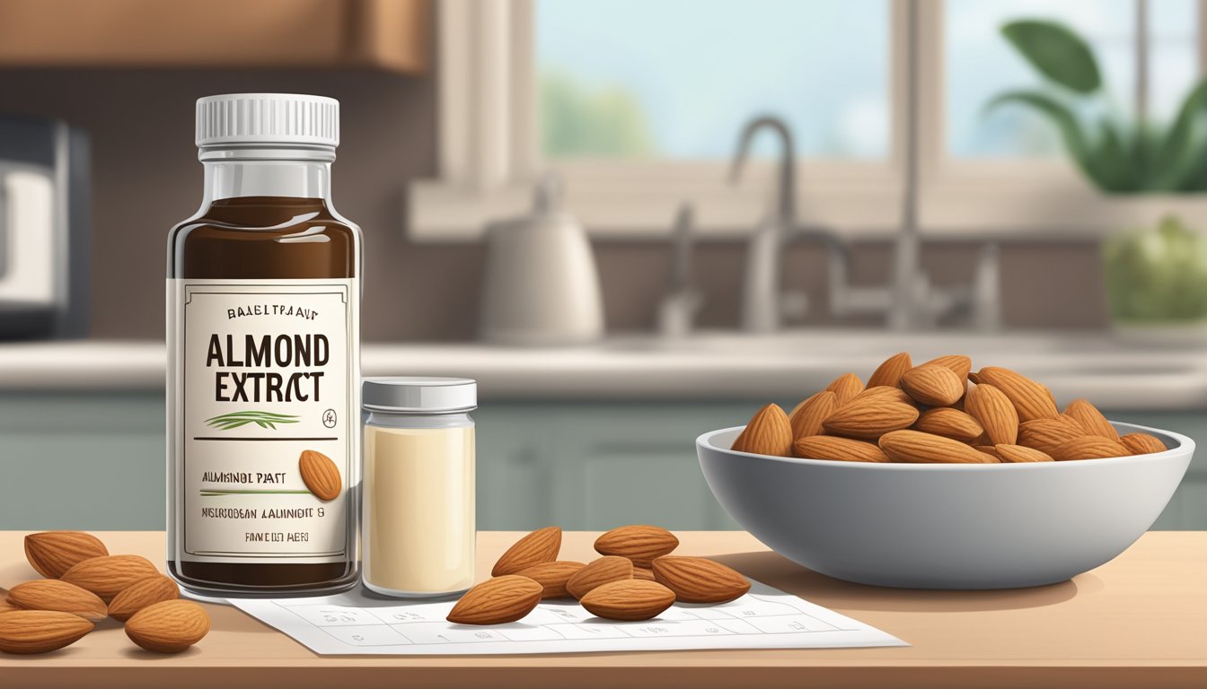 A bottle of almond extract sits on a kitchen counter, surrounded by almonds and a calendar showing the current date