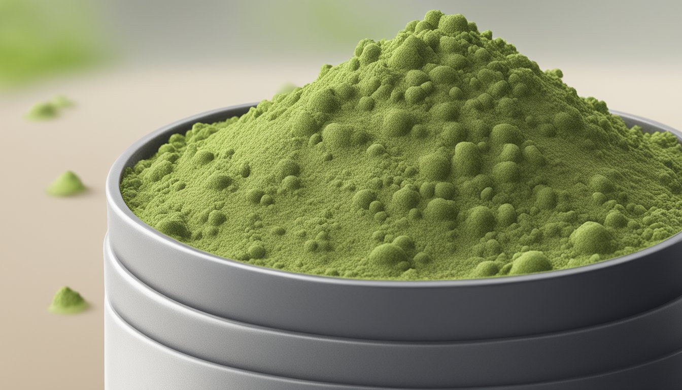 A container of matcha powder with visible signs of spoilage, such as clumping, discoloration, and a foul odor