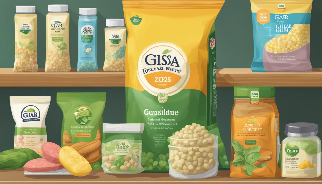 A bag of guar gum sits on a shelf, surrounded by various food products. The expiration date is clearly displayed on the packaging