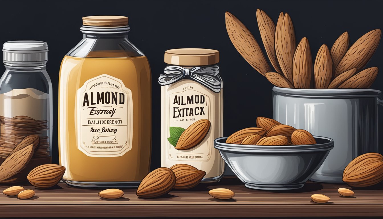 A tightly sealed almond extract bottle sits in a cool, dark pantry next to other baking ingredients