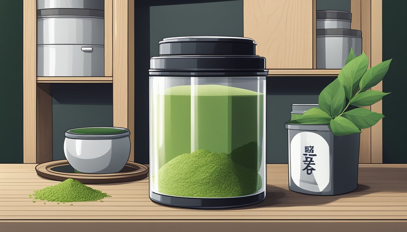 A tightly sealed container of matcha powder stored in a cool, dark pantry with a desiccant packet to absorb moisture