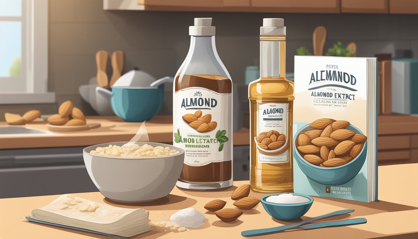 A bottle of almond extract sits on a kitchen counter next to a stack of recipe books and a mixing bowl filled with ingredients