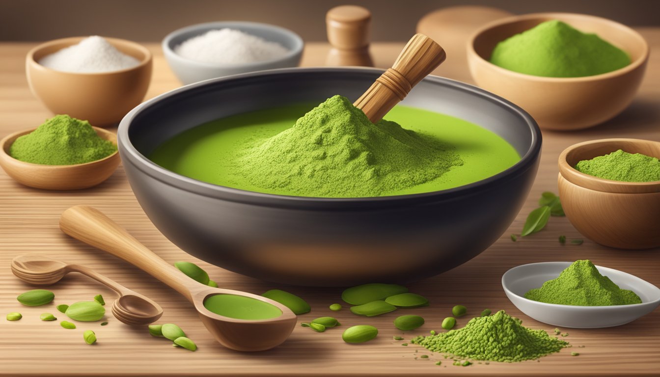 A vibrant green matcha powder spills from a ceramic bowl onto a wooden kitchen counter, surrounded by ingredients and utensils for culinary creations