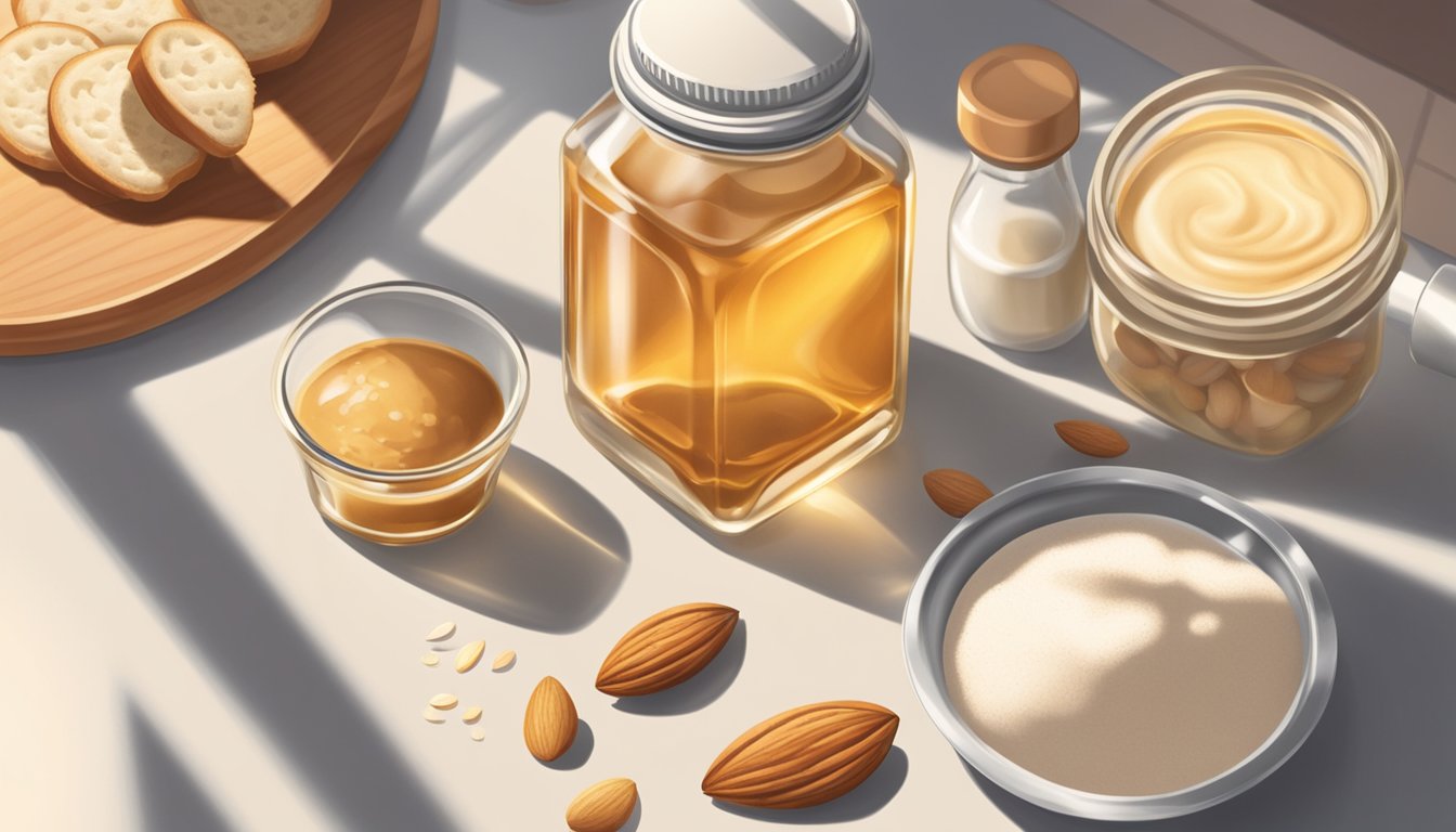 A bottle of almond extract sits on a kitchen counter, surrounded by various baking ingredients and utensils. Sunlight streams in through a window, casting a warm glow on the scene