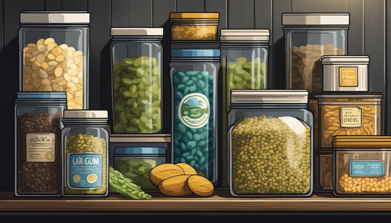 A sealed container of guar gum sits on a pantry shelf, alongside other dry goods. The room is cool and dark, with no direct sunlight reaching the storage area