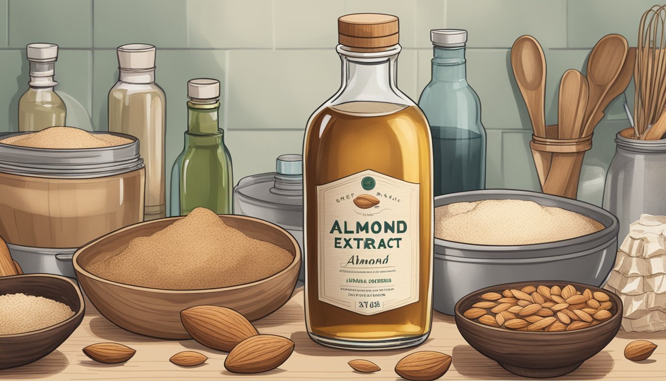 A bottle of almond extract sits on a kitchen counter, surrounded by various baking ingredients and utensils. The label on the bottle is faded and dusty