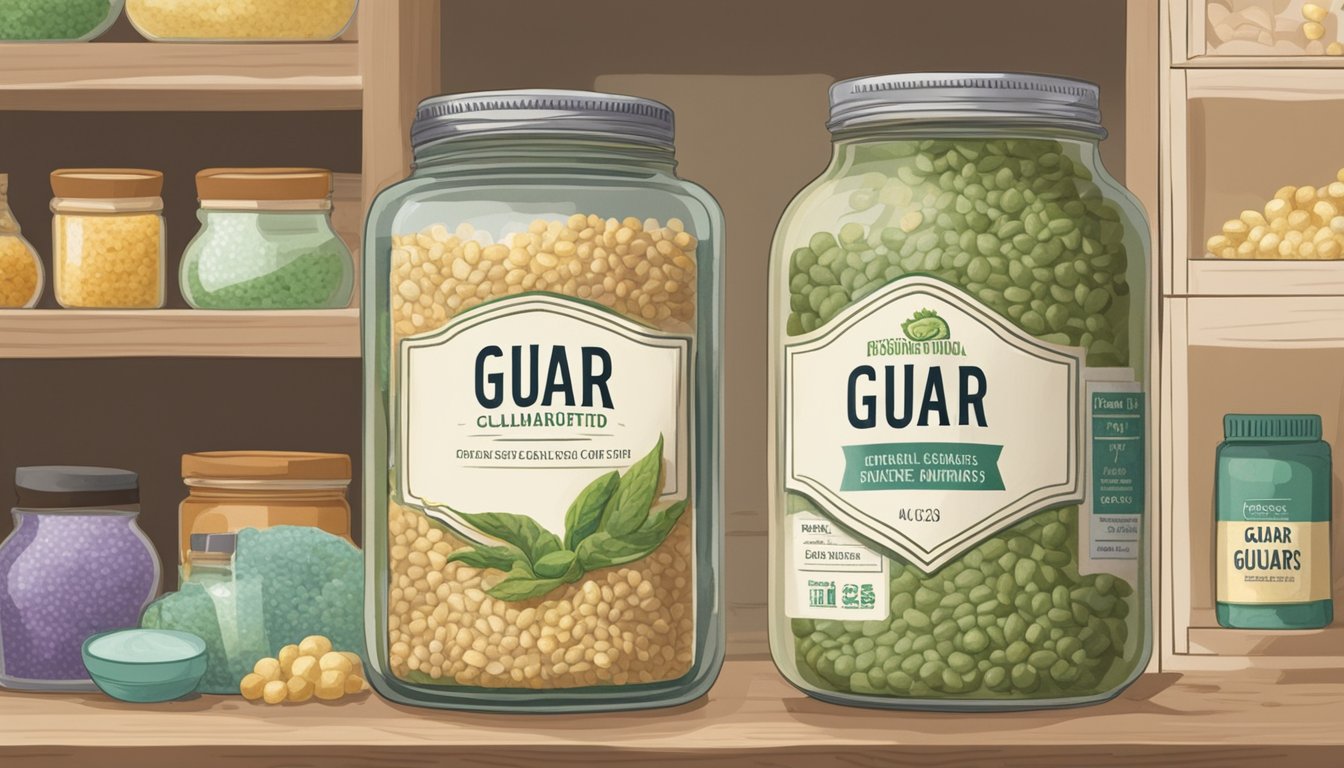 A jar of guar gum sits on a shelf, surrounded by other pantry items. The label is faded, and the contents appear clumpy and discolored