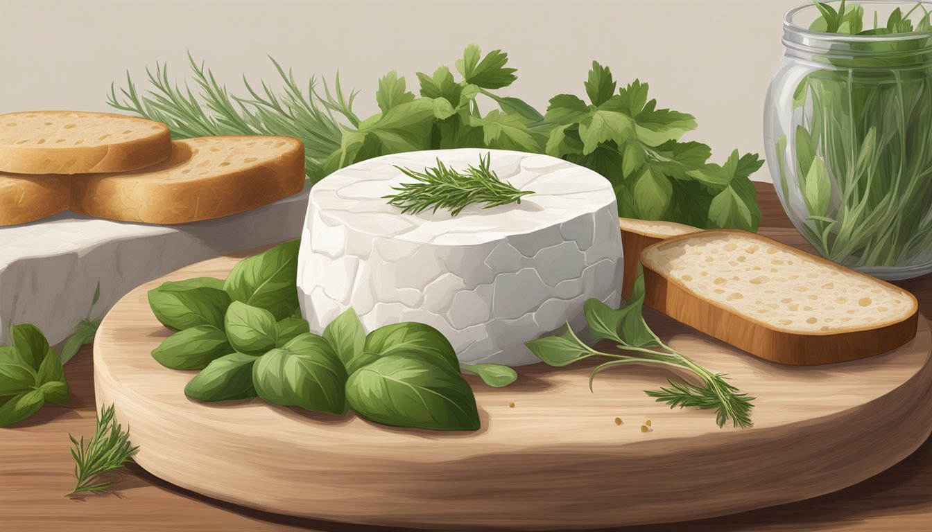 A wheel of goat cheese sits on a wooden cutting board, surrounded by fresh herbs and a few slices of bread