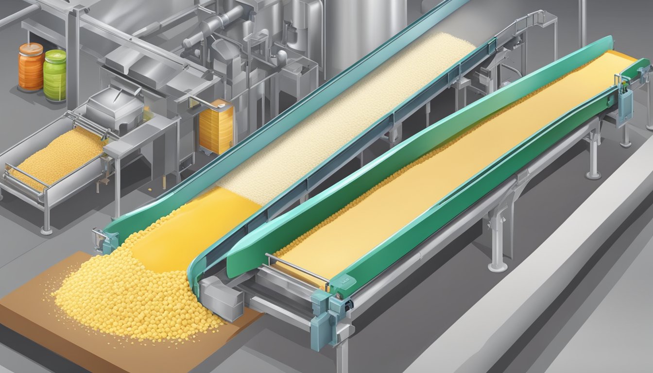 A factory conveyor belt with guar gum being mixed into commercial food products