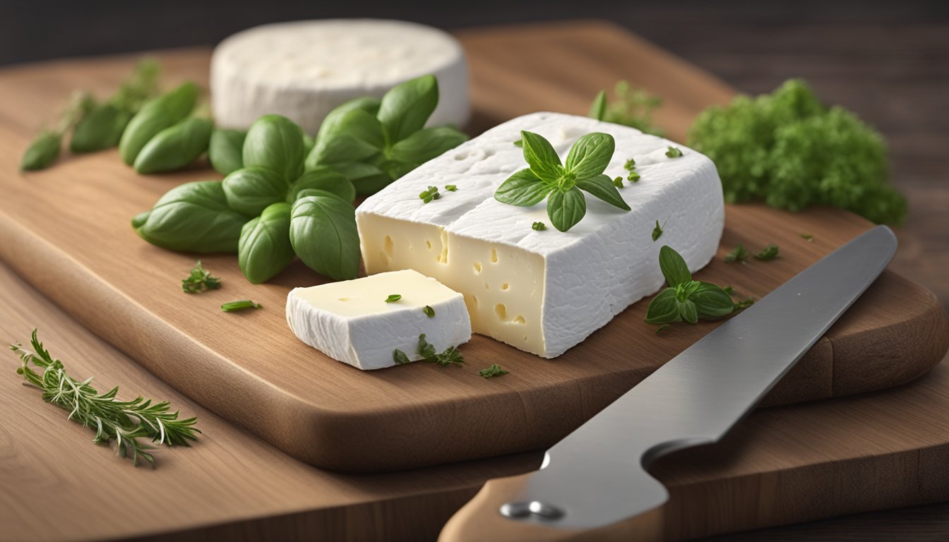 A block of goat cheese sits on a wooden cutting board next to a knife and some fresh herbs. The cheese is starting to develop a slight mold on its surface