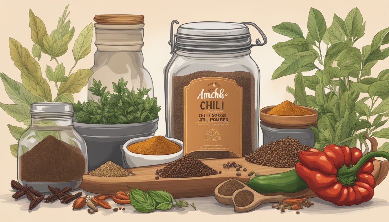 A jar of ancho chili powder sits on a kitchen shelf, surrounded by various spices and herbs. The label is faded, but the powder inside appears rich and vibrant