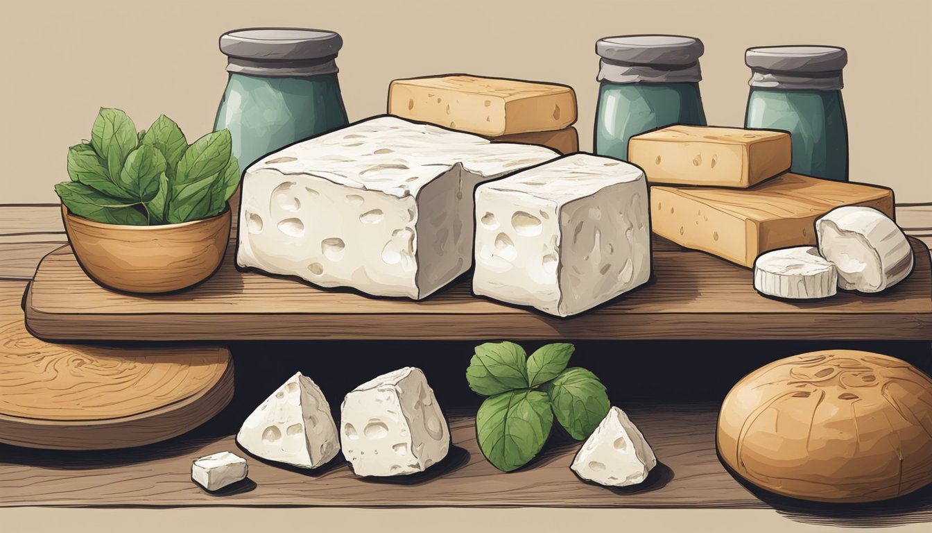 A block of goat cheese sits on a wooden shelf, surrounded by other dairy products. Some mold is beginning to form on the edges