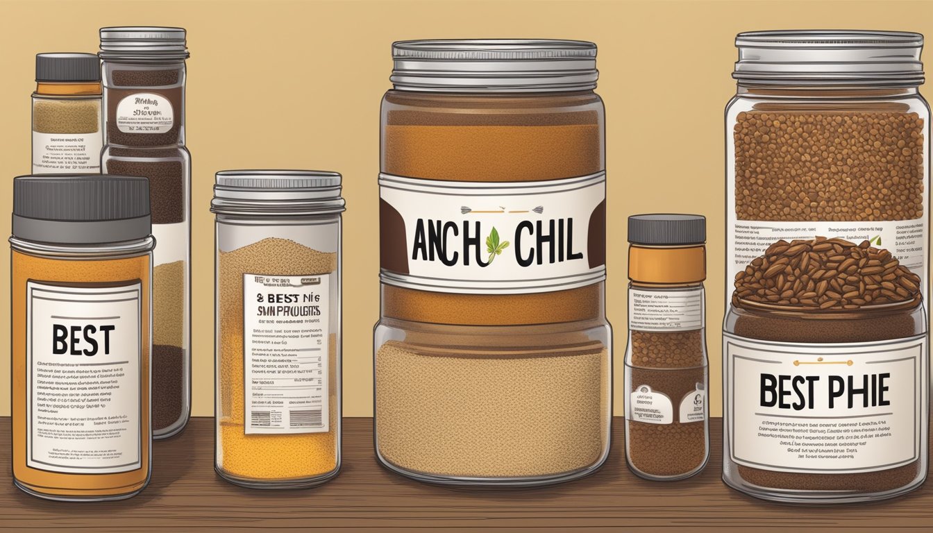 An open container of ancho chili powder with a "best by" date visible on the label, surrounded by various food items and storage conditions such as heat, light, and moisture