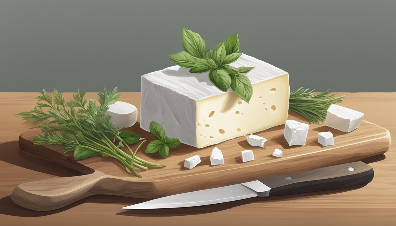 A block of goat cheese sits on a wooden cutting board, surrounded by fresh herbs and a knife. The cheese appears to be in good condition, with no visible signs of spoilage