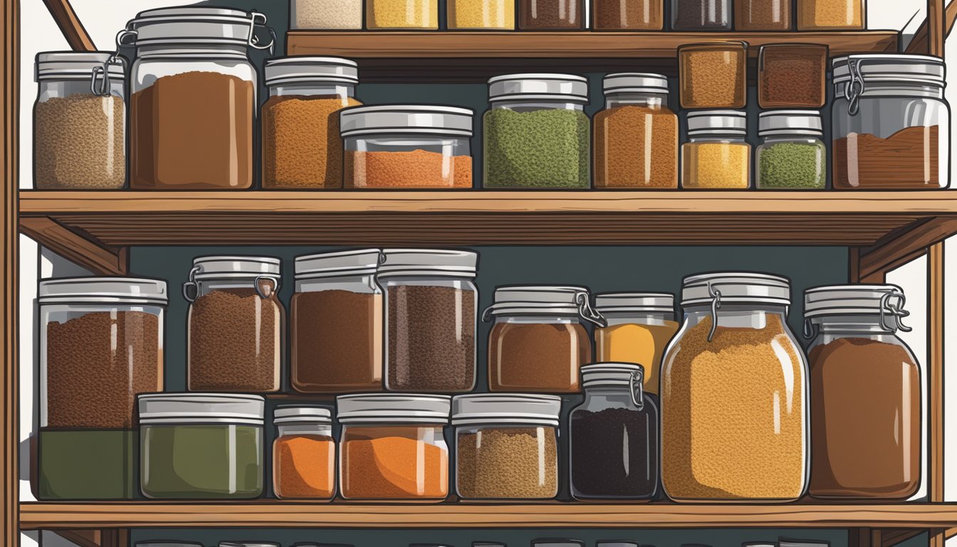 An open jar of ancho chili powder sitting on a pantry shelf with other spices and dry goods