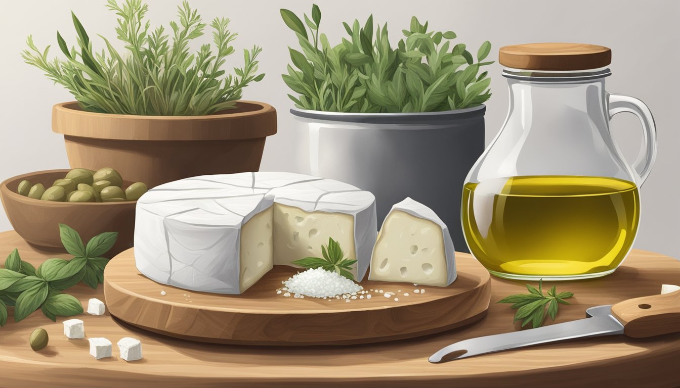 A wheel of goat cheese sits on a wooden cutting board, surrounded by fresh herbs and a small container of salt. A glass jar filled with olive oil is nearby, along with a stack of clean cheesecloth