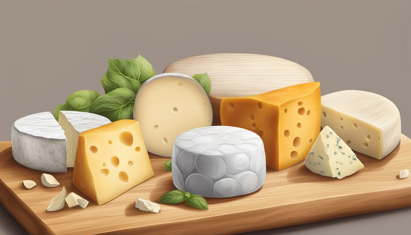 A variety of cheeses displayed on a wooden board, including a round of goat cheese with a creamy texture and a slightly pungent aroma