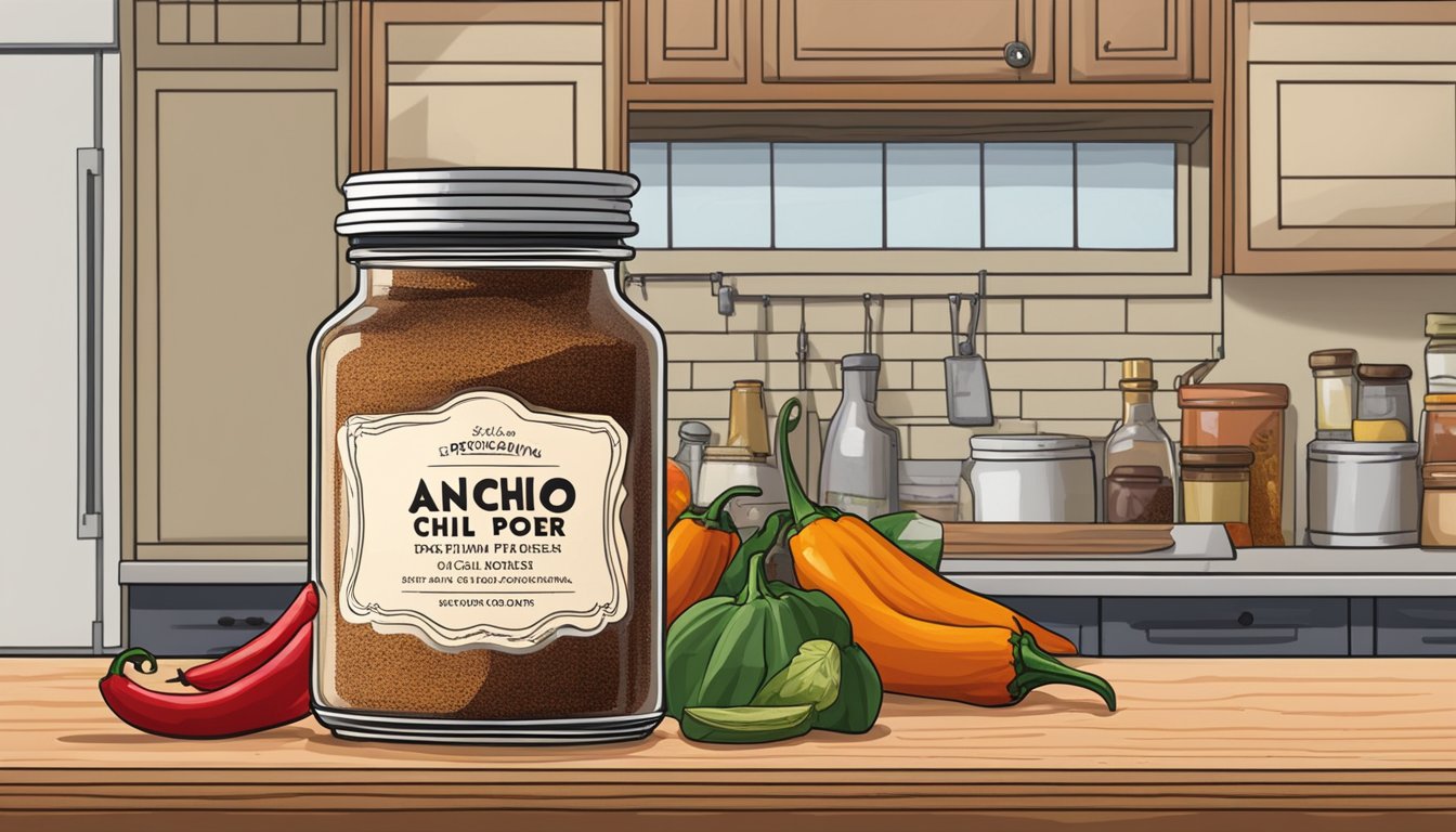 A jar of ancho chili powder sits on a kitchen shelf, surrounded by various spices and ingredients. The label on the jar indicates the expiration date has passed