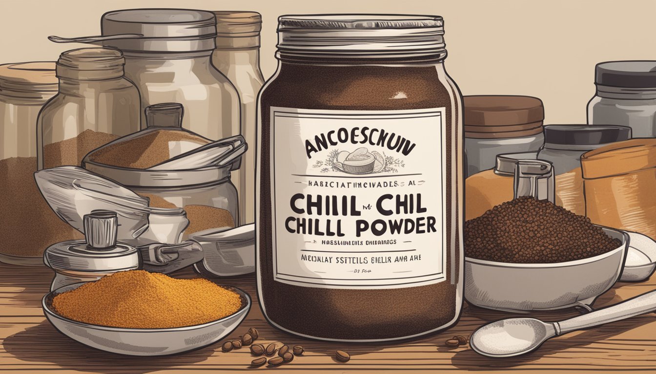 A jar of ancho chili powder sits on a kitchen counter, surrounded by various spices and cooking utensils. The label on the jar is faded, indicating it may have been there for a while