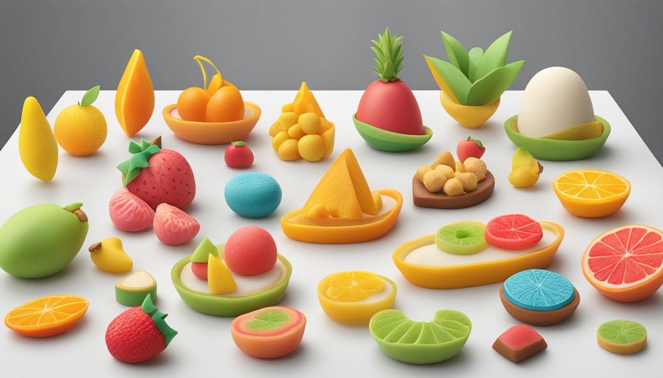 A colorful, neatly arranged display of marzipan fruits and shapes on a clean, white countertop