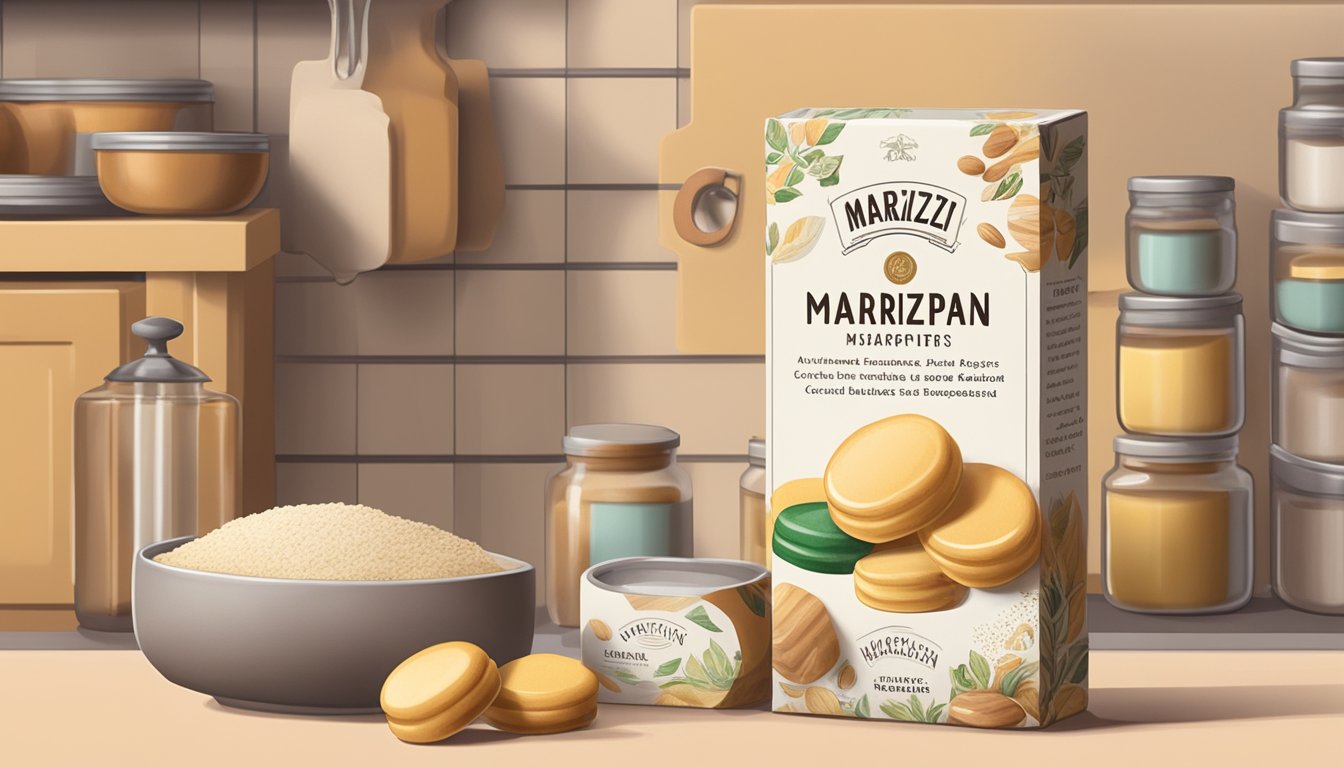 A half-opened package of marzipan sits on a kitchen shelf, surrounded by other baking ingredients. The expiration date on the label is barely visible