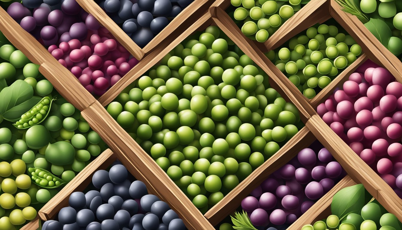 A variety of peas in different colors and sizes arranged in a rustic wooden crate