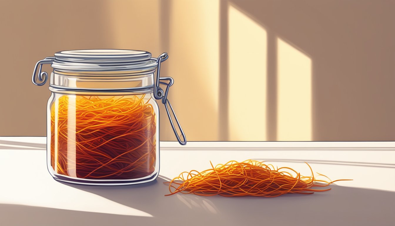 A glass jar of saffron sits on a shelf, bathed in warm sunlight. The vibrant red threads are neatly arranged and free of any signs of spoilage