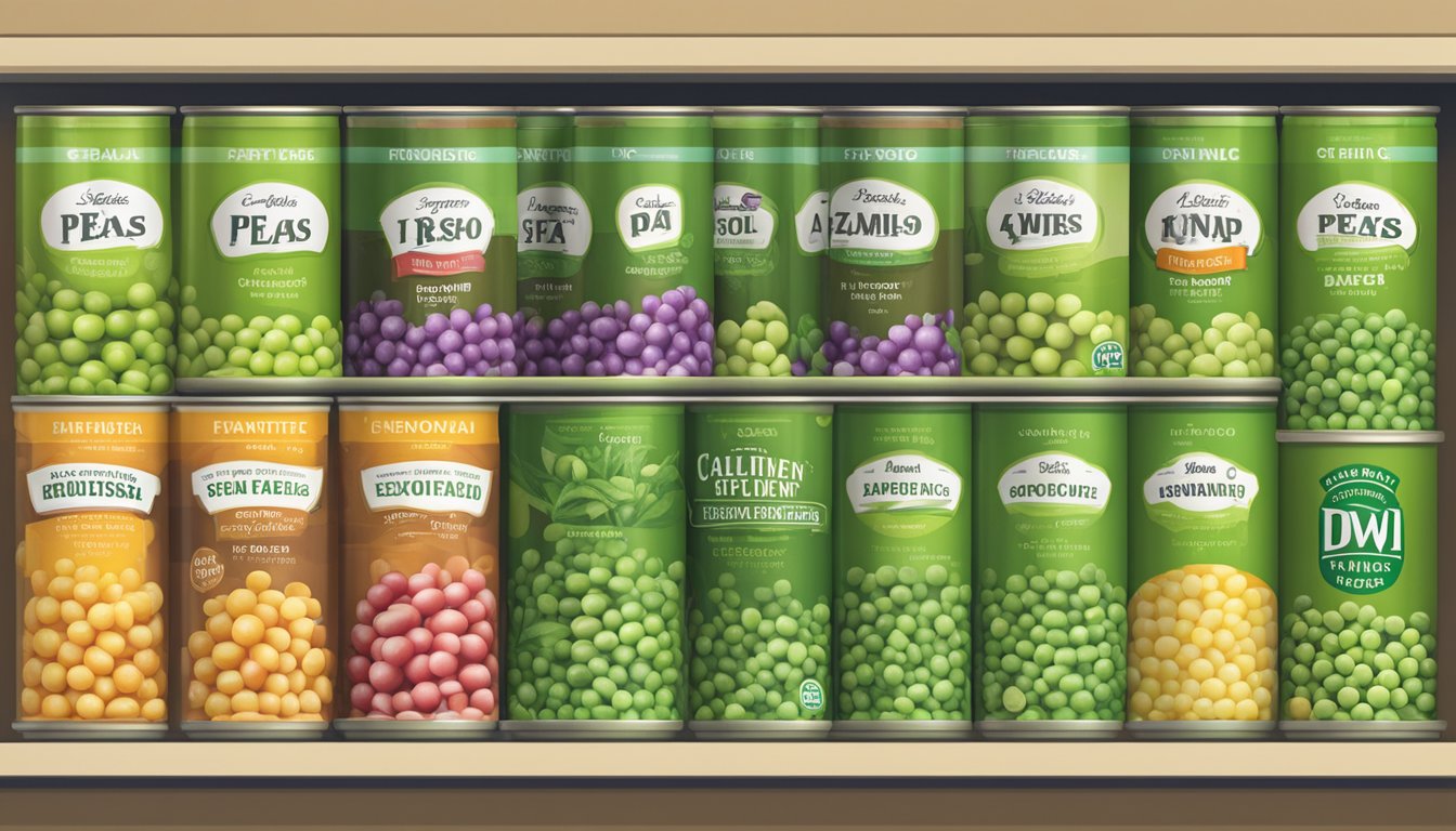 A variety of peas in different packaging, including canned, frozen, and dried, arranged on a shelf with expiration dates visible