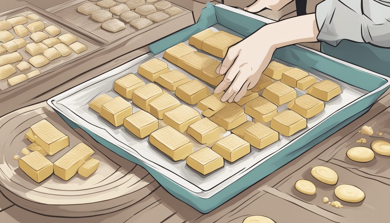 A person unwraps a fresh block of marzipan, molds it into shapes, and places them on a baking sheet