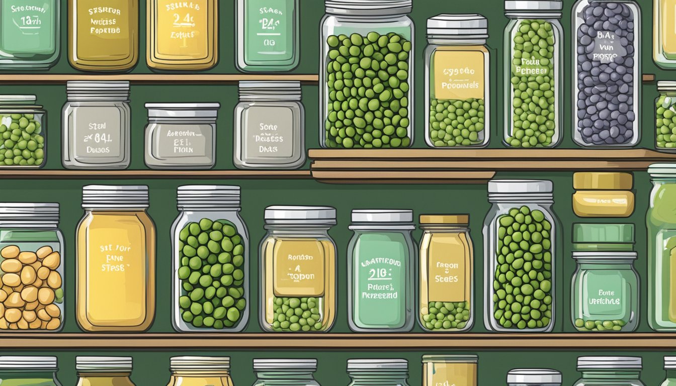 A pantry shelf with neatly organized jars of preserved peas, labeled with expiration dates