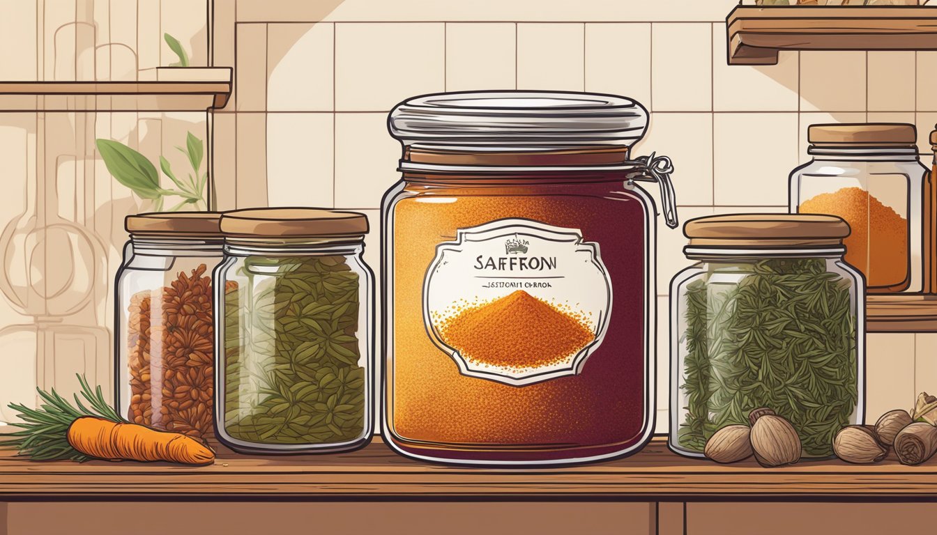 A jar of saffron sits on a pantry shelf, surrounded by other spices and herbs. The label is clean and intact, and the saffron threads inside are a deep, vibrant red