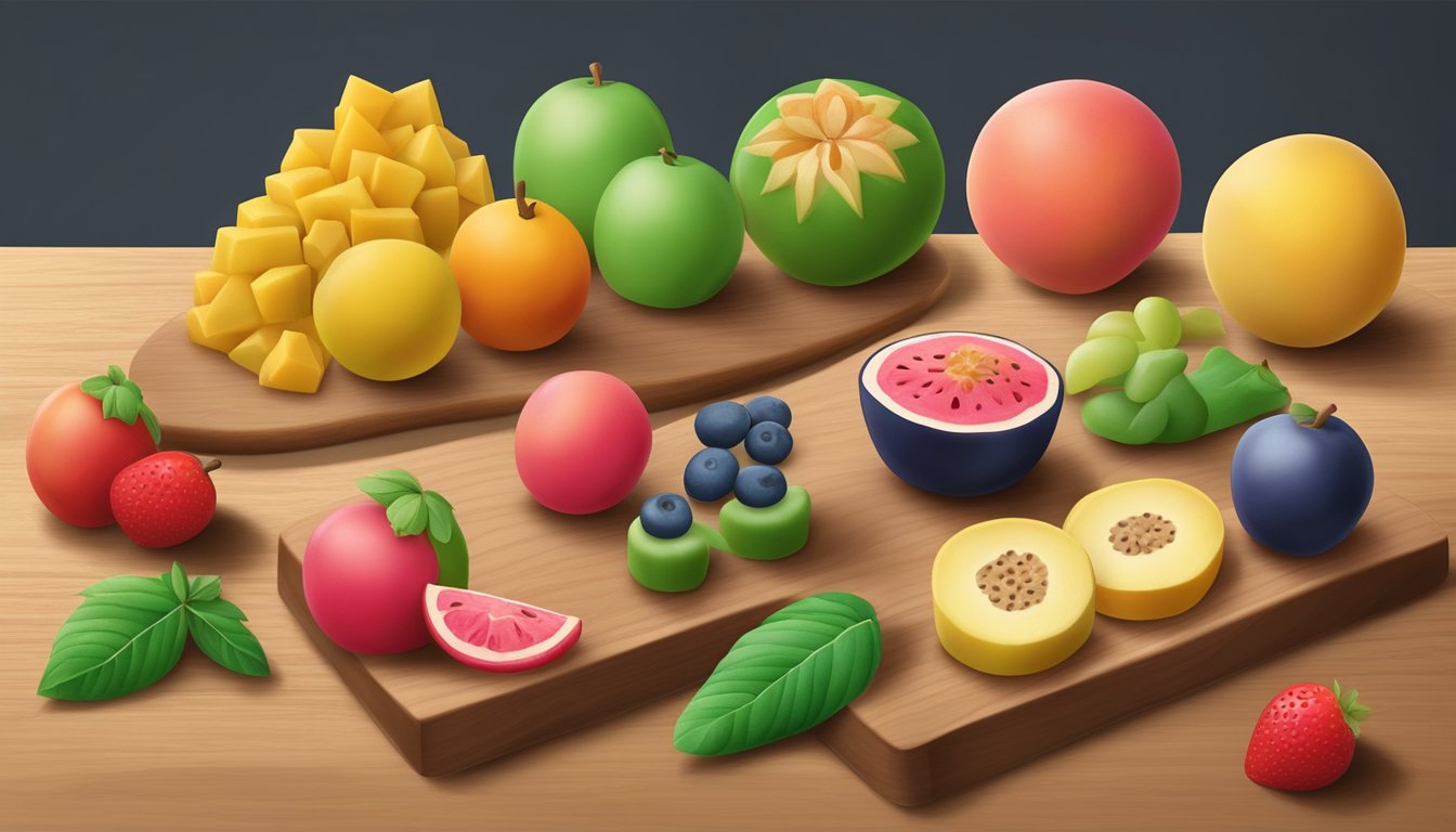 A variety of marzipan fruits and shapes displayed on a wooden cutting board with a few pieces showing signs of spoilage