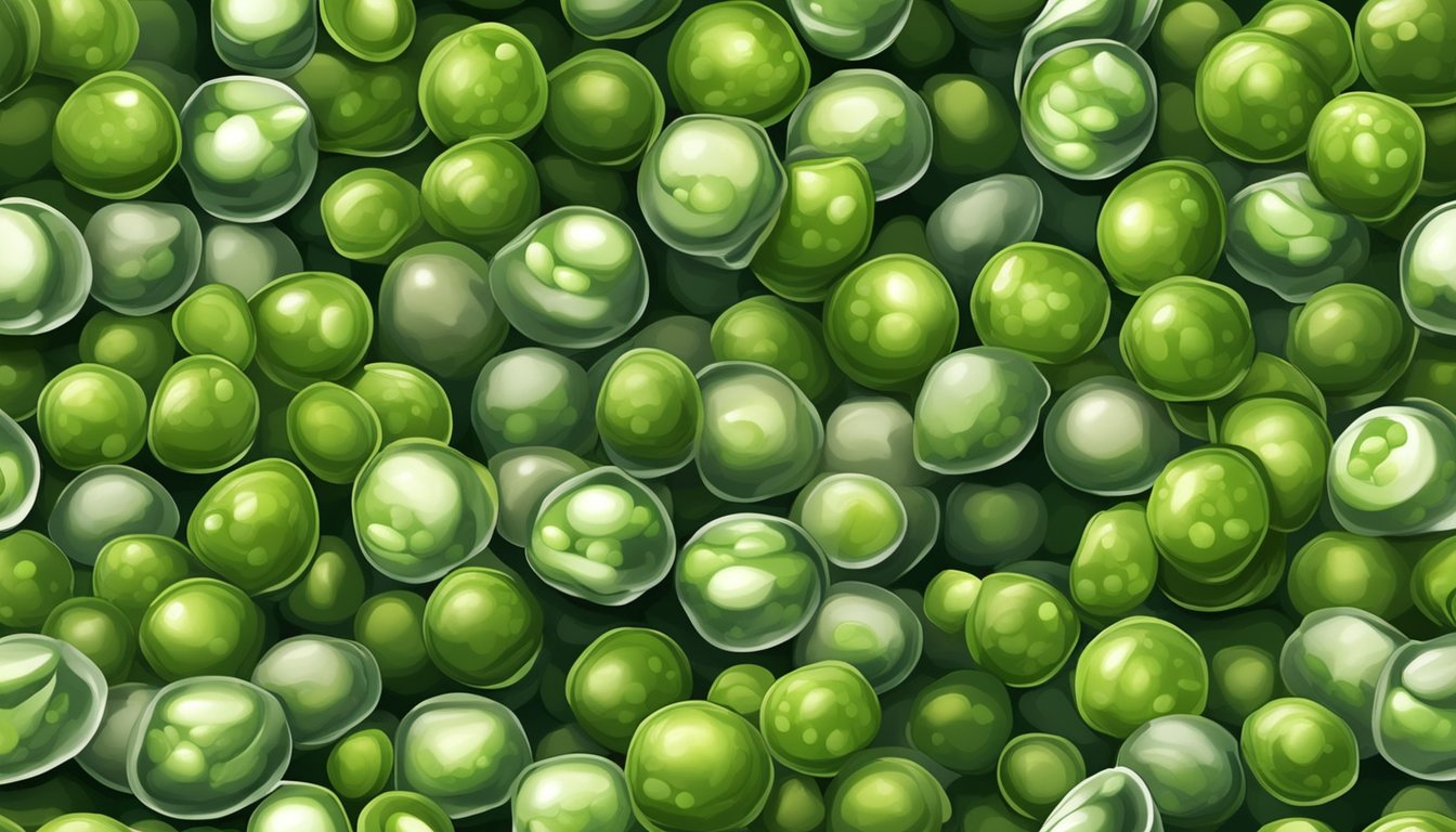 A pile of wrinkled and discolored peas in a moldy and slimy container