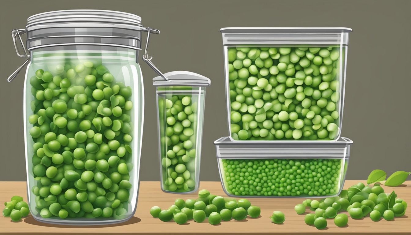 Fresh peas in a sealed container with a "use by" date. Refrigerator temperature gauge visible