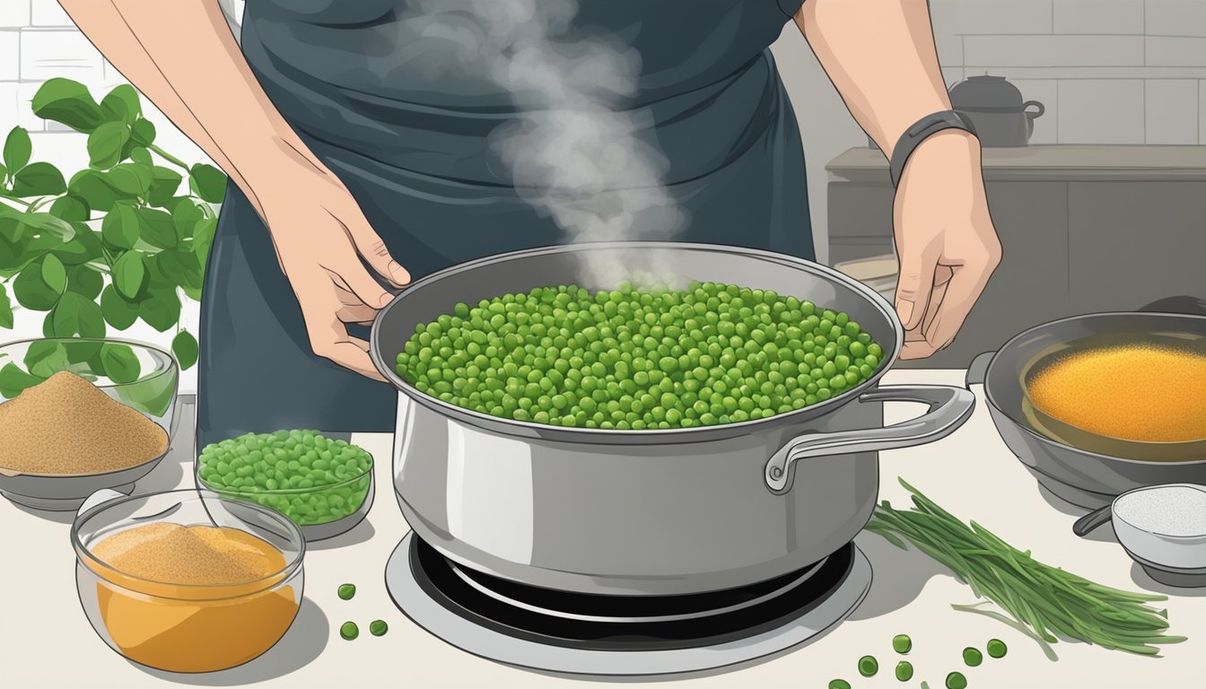 A pot of peas simmering on a stove, surrounded by various herbs and spices. A chef's hand adding a pinch of salt