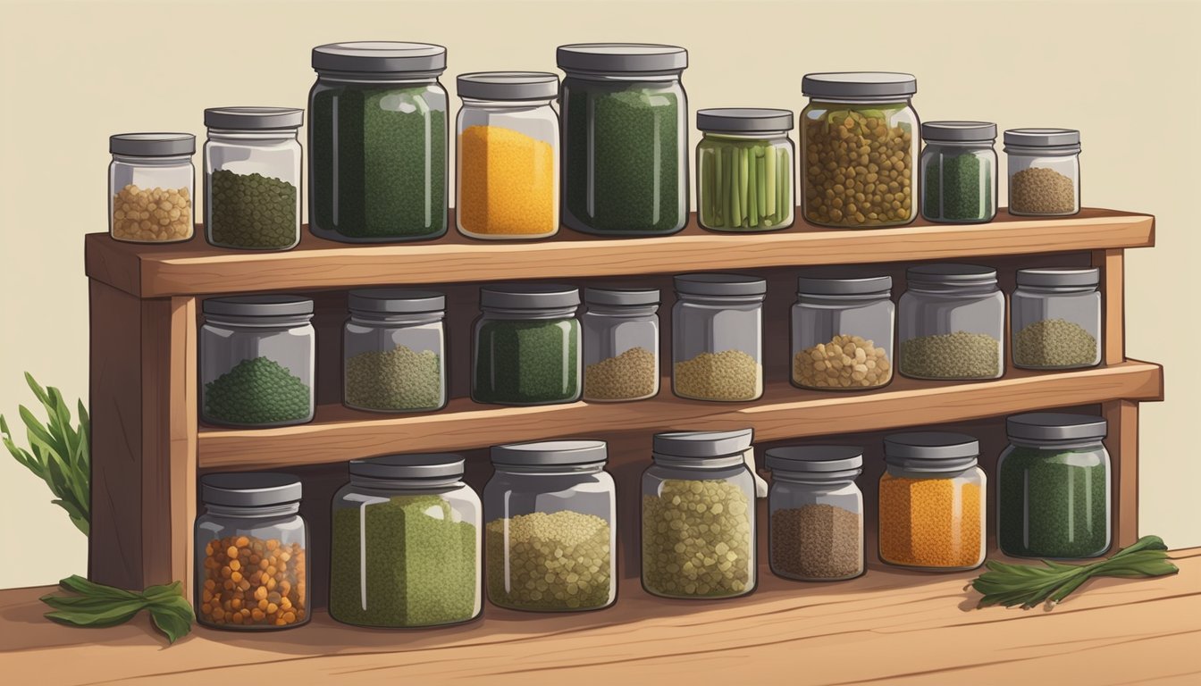 A stack of nori sheets neatly arranged on a wooden shelf, surrounded by jars of spices and airtight containers