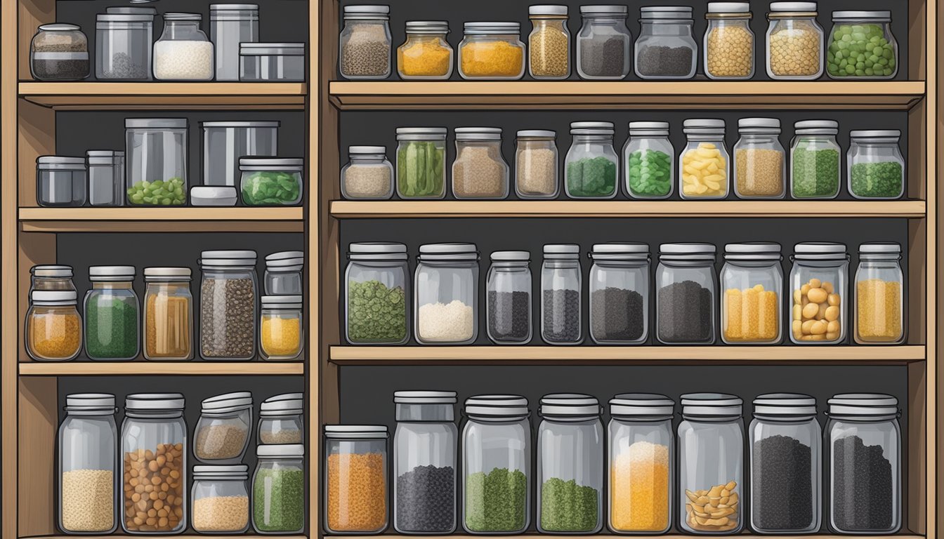 A pantry shelf with neatly organized jars of nori, airtight containers, and a temperature-controlled storage area