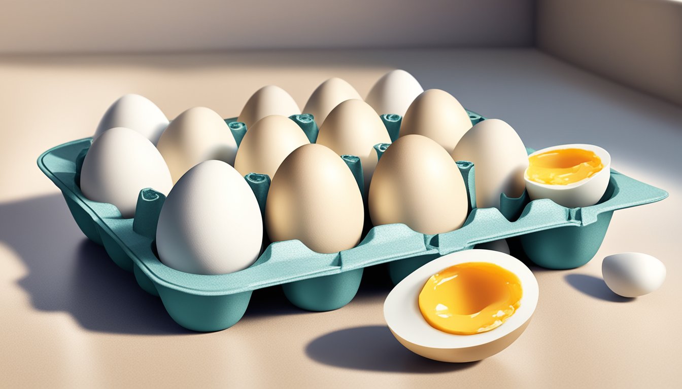 A carton of hard boiled eggs sits on a kitchen counter, with a few eggs cracked open to show their spoiled, discolored insides