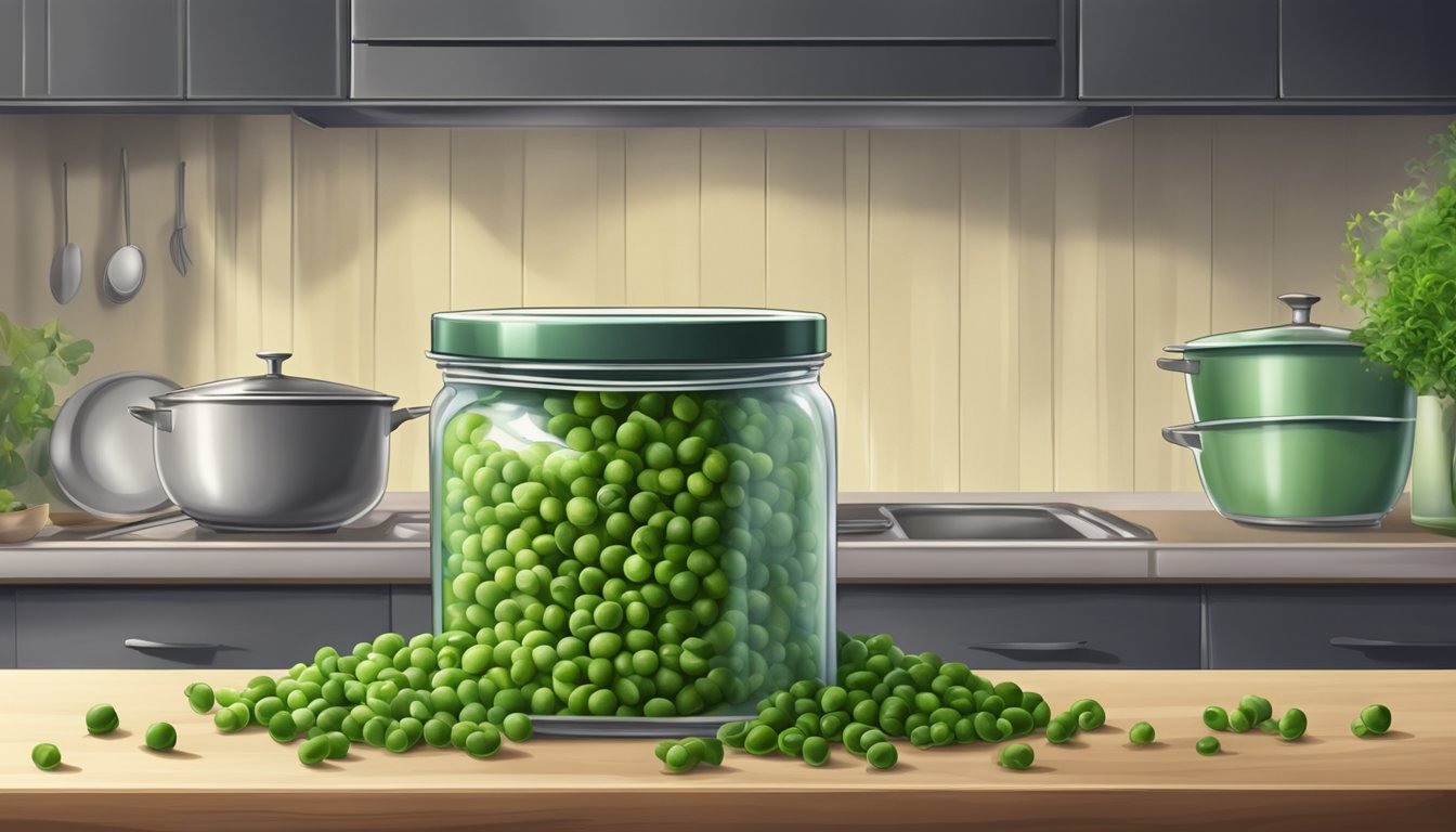 A pile of moldy peas in a forgotten container on a kitchen shelf