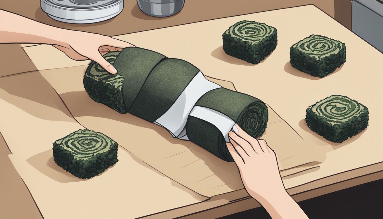 A roll of nori sits open on a clean kitchen counter, with a sealed package nearby. A pair of clean, dry hands reaches for the roll