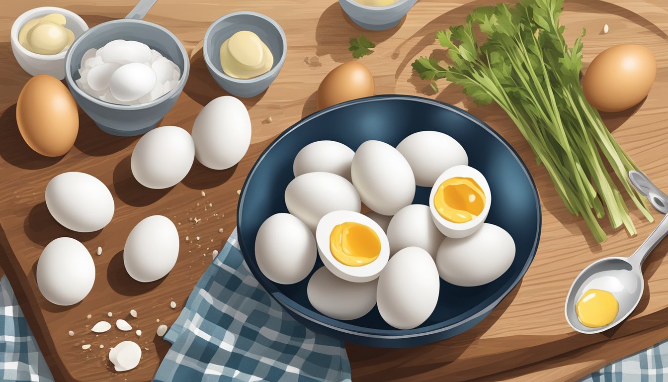 Hard-boiled eggs sitting on a wooden cutting board, surrounded by a mixing bowl, measuring spoons, and ingredients for a recipe