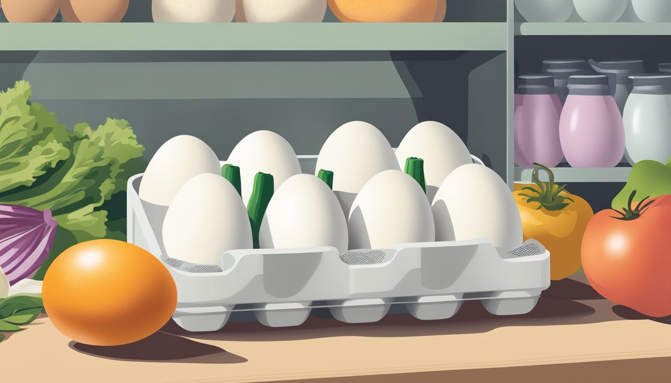 A carton of hard boiled eggs sitting in a refrigerator next to fresh produce